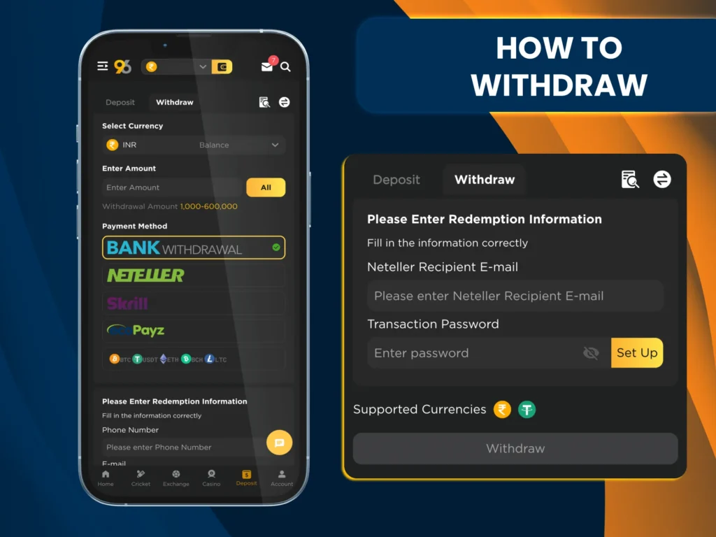 Get your money from 96in via secure banking or crypto methods.