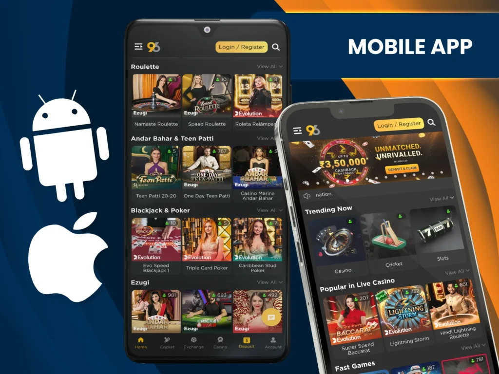 Download the 96in Android and iOS app to access casino, sports, and payments.