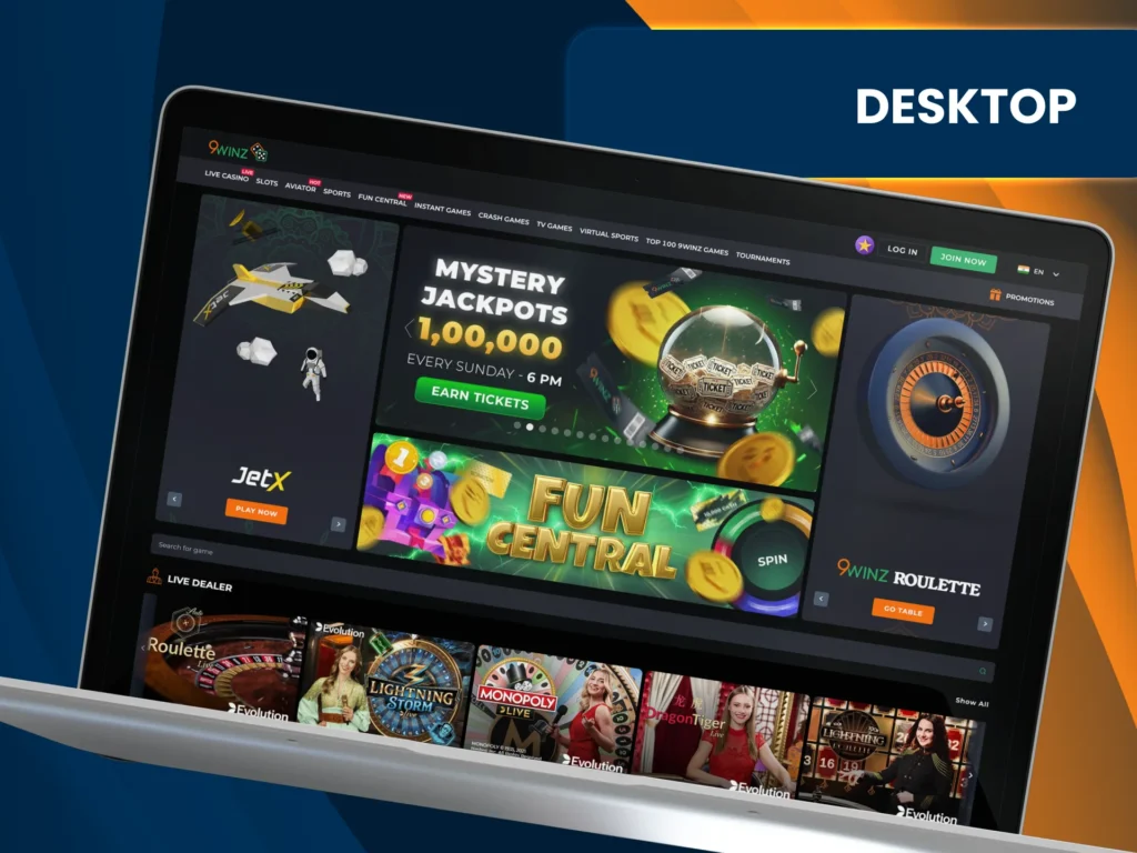Navigate 9Winz desktop site with fast access to all casino sections.