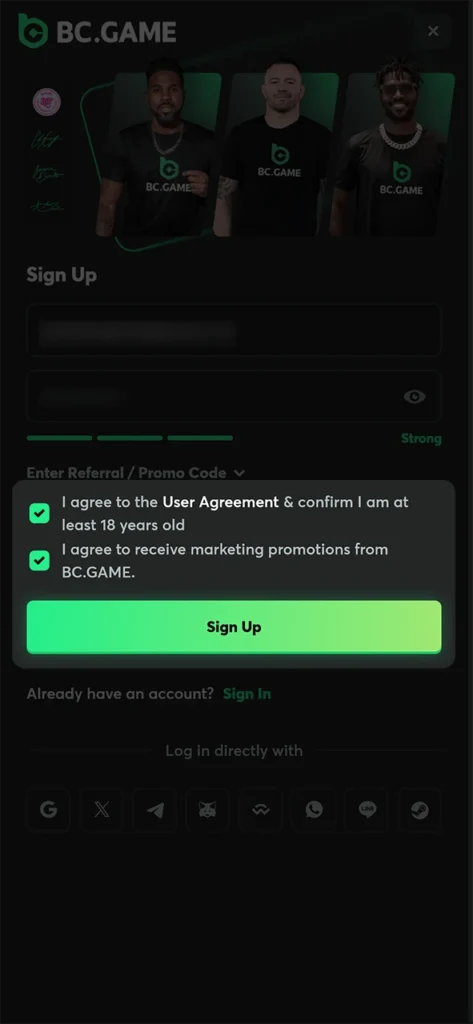 Agree to the rules and create your BC Game account.