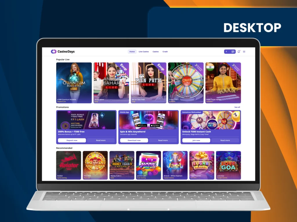 Navigate Casino Days desktop site with fast access to games and payments.