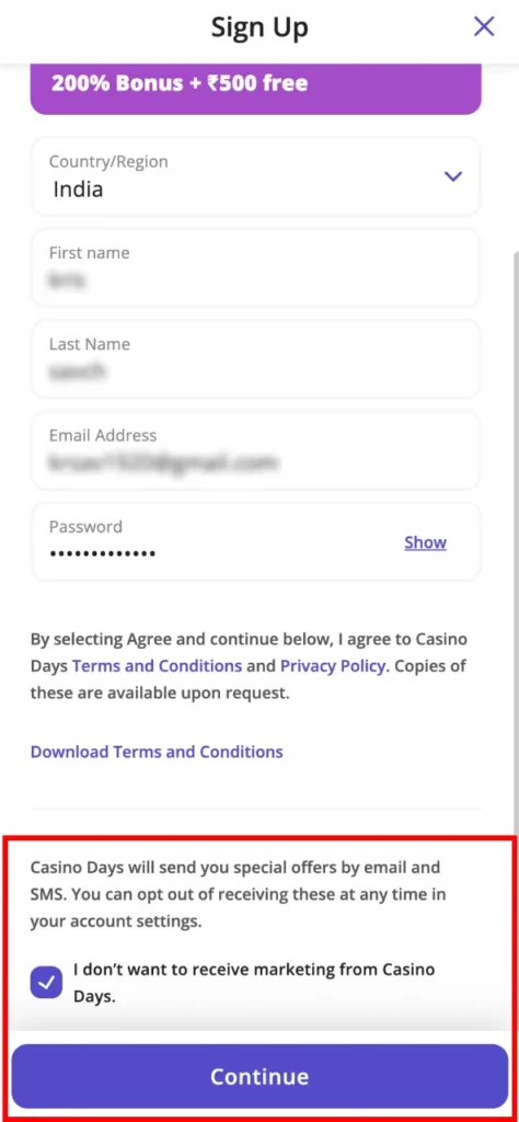 Accept the rules and enter your info to complete Casino Days registration.