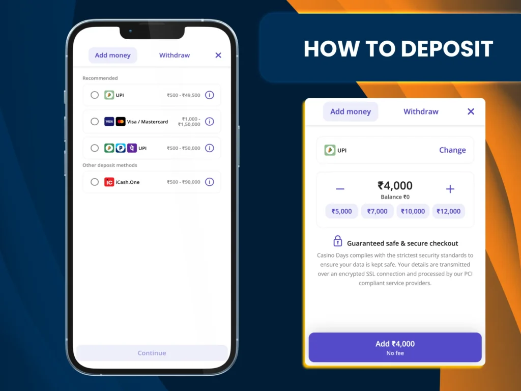 Add funds to Casino Days using UPI, Visa, or crypto in minutes.