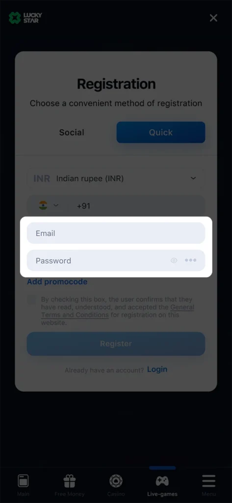 Fill in the required fields with the information to register for LuckyStar.