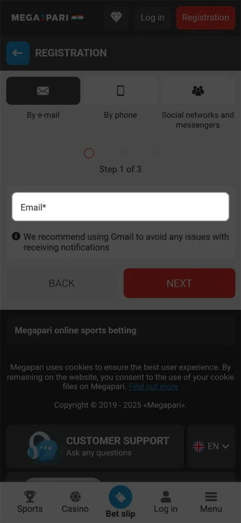 Fill in the required fields to register on Megapari.