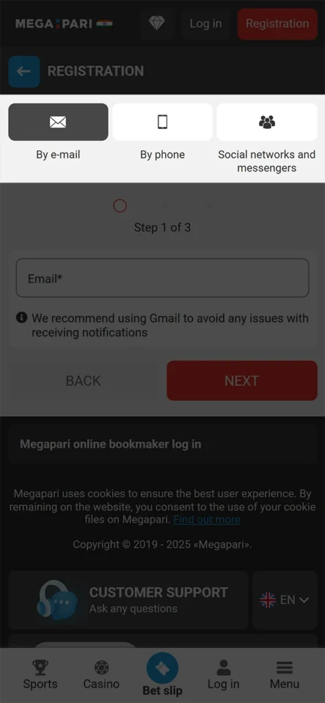 Choose a convenient way for you to register on Megapari.