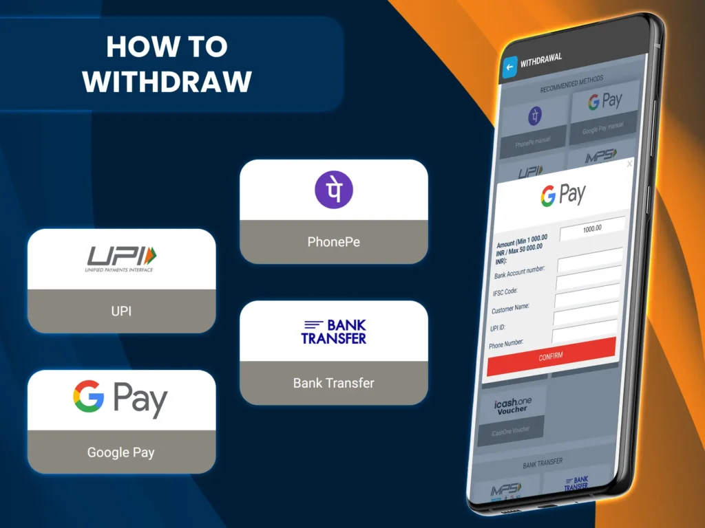 Cash out your Megapari winnings by selecting a payment method and entering the amount.