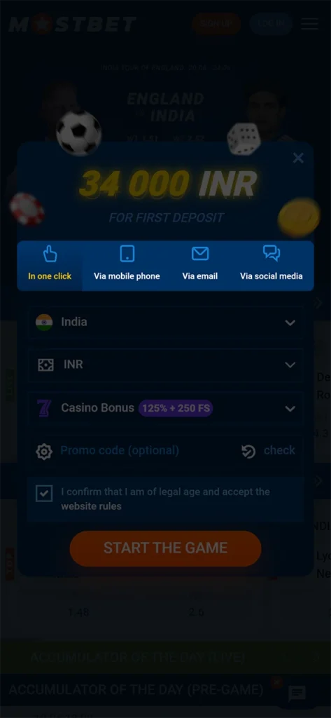 Choose one of the available methods of registration at Mostbet.