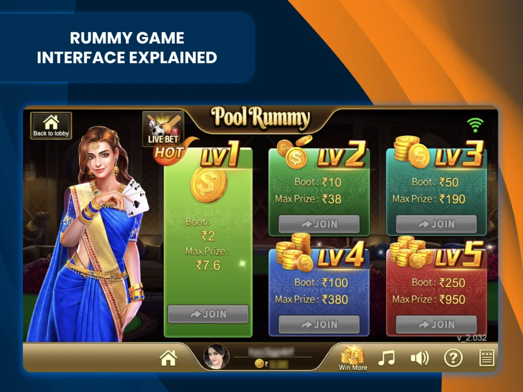 Look closely at the Rummy game interface.