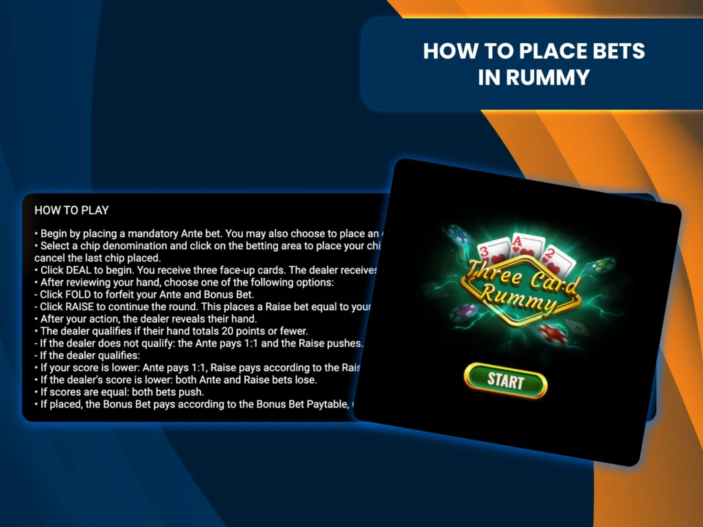 Use the instructions to place bets quickly and effectively in Rummy.