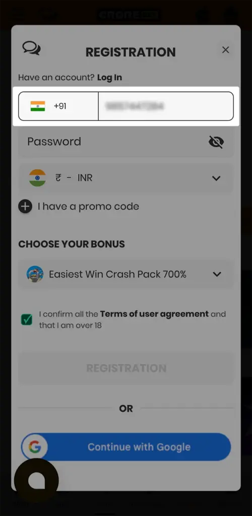 Verify your mobile phone number required for registration at Crorebet Casino.