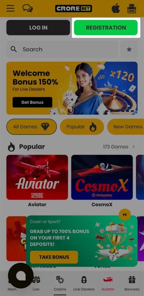 Click on the green button on the Crorebet website and familiarise yourself with the registration form.