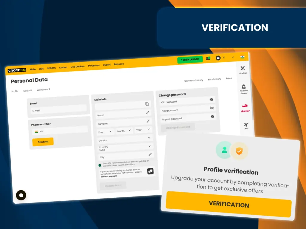Verify your Crorebet account to get full access to the platform.