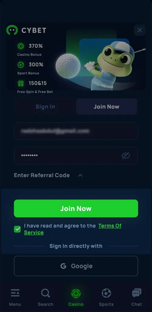 Close the registration window on the Cybet website and immerse yourself in the world of gambling.