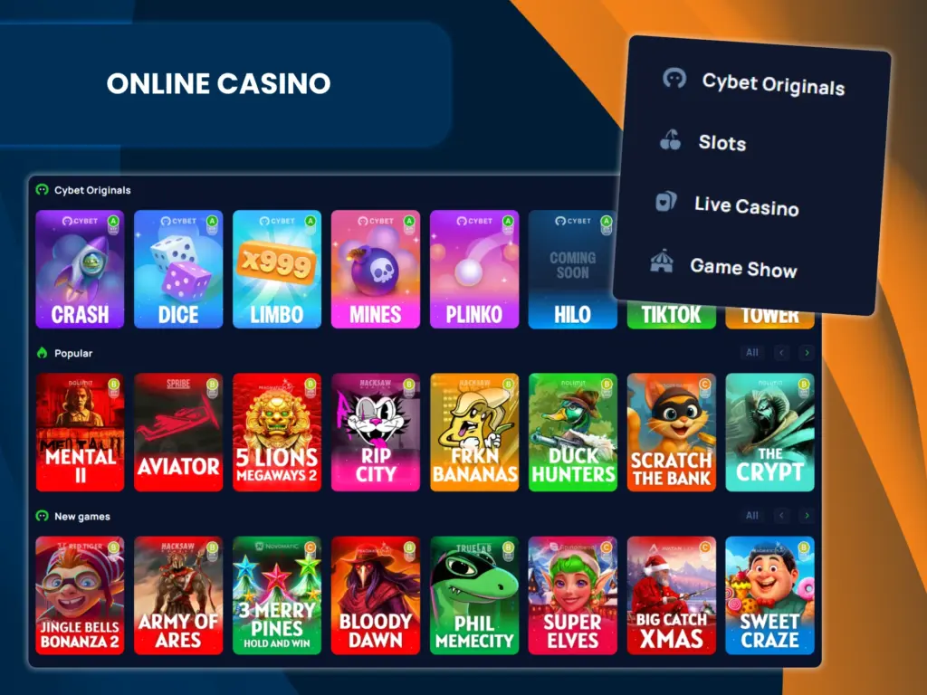 Cybet casino offers a wide range of games from various providers.