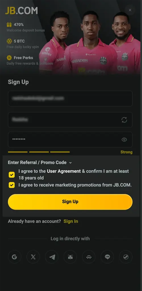 Complete your registration with JB and enter your account login details.