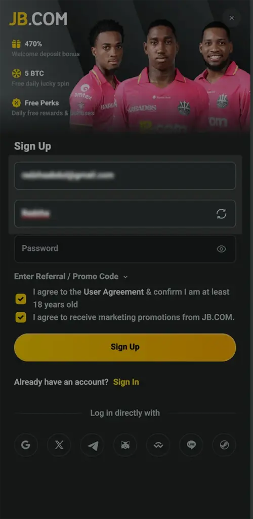 Enter your unique email address and nickname required to register at JB Casino.