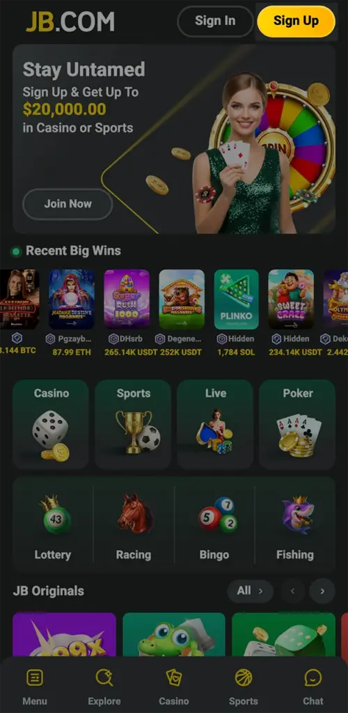 Explore the JB app interface and locate the quick account registration button.