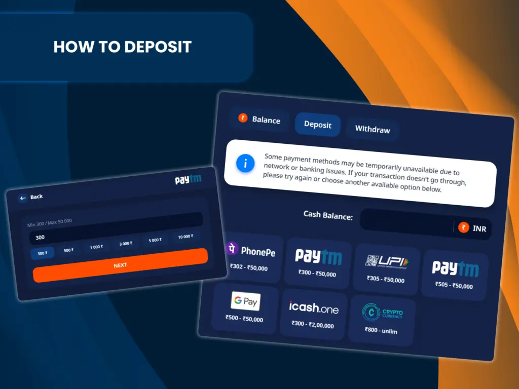 Select a deposit method on the Patang website and top up your account.