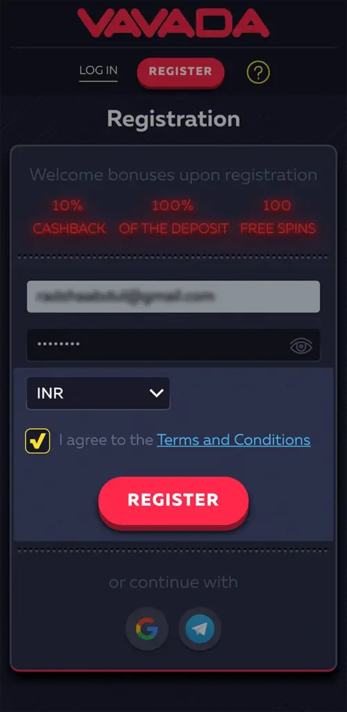Select the currency you want and complete your registration on the Vavada website.